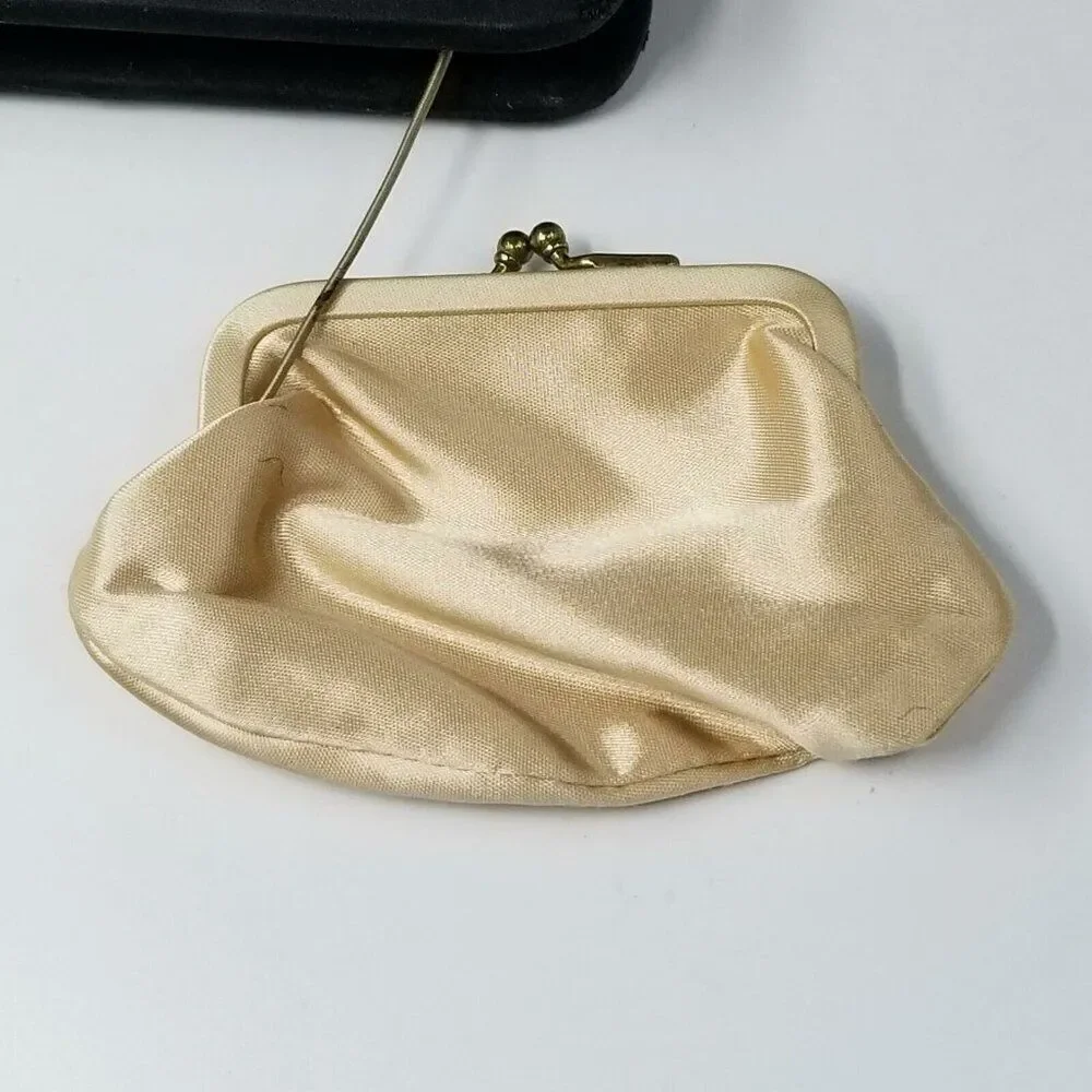 Vintage 60s Purse Black Clutch Kiss Lock Gold Pearl Rhinestone Coin Purse